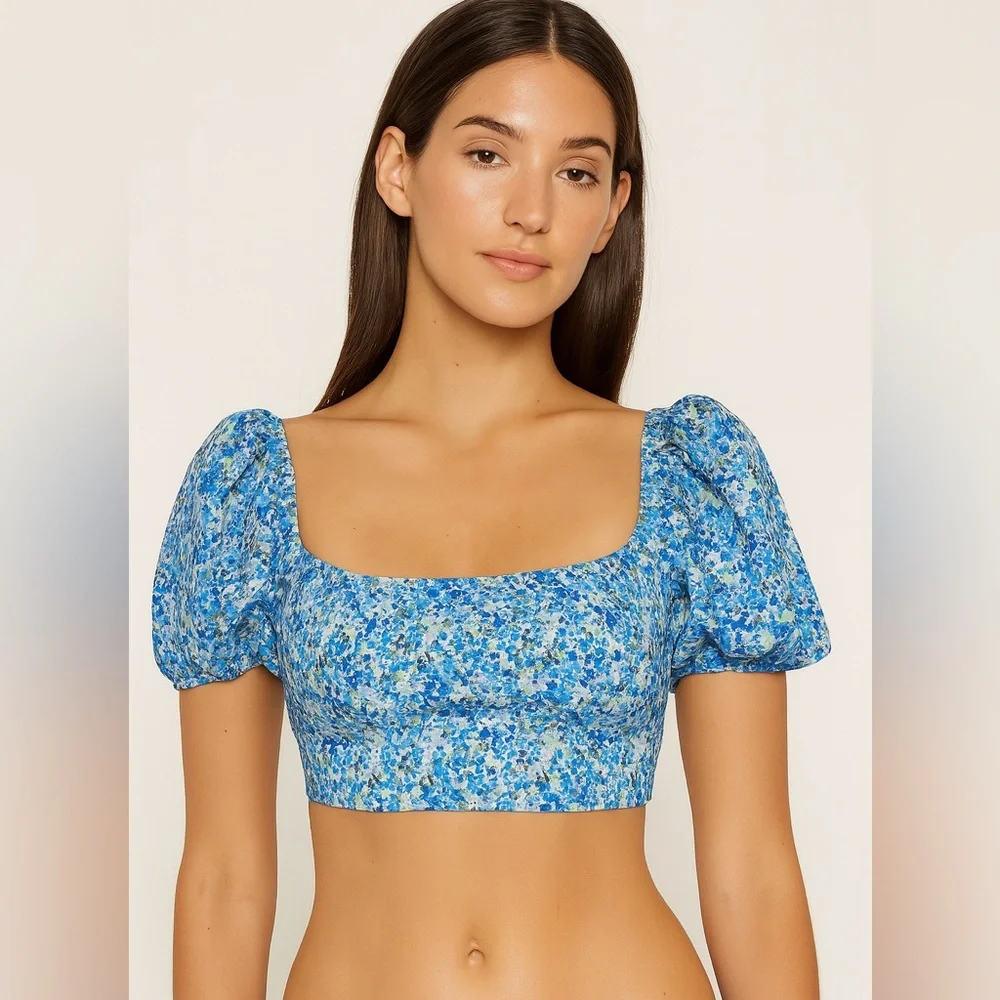 Splendid Blue Floral Longline Puff Sleeve Bikini Top - Size Large